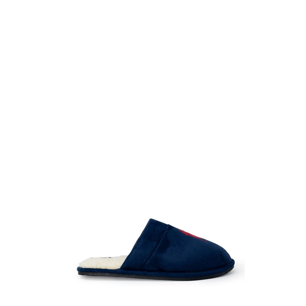 Pantoufles en polyester bleues Ralph Lauren, confortables et élégantes, avec logo Ralph Lauren visible sur la surface.