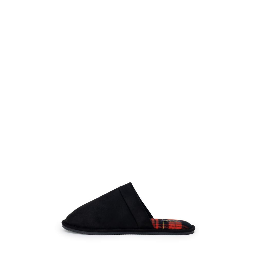 Pantoufles en polyester noir Ralph Lauren, confortables et élégantes, avec logo Ralph Lauren visible sur le dessus.