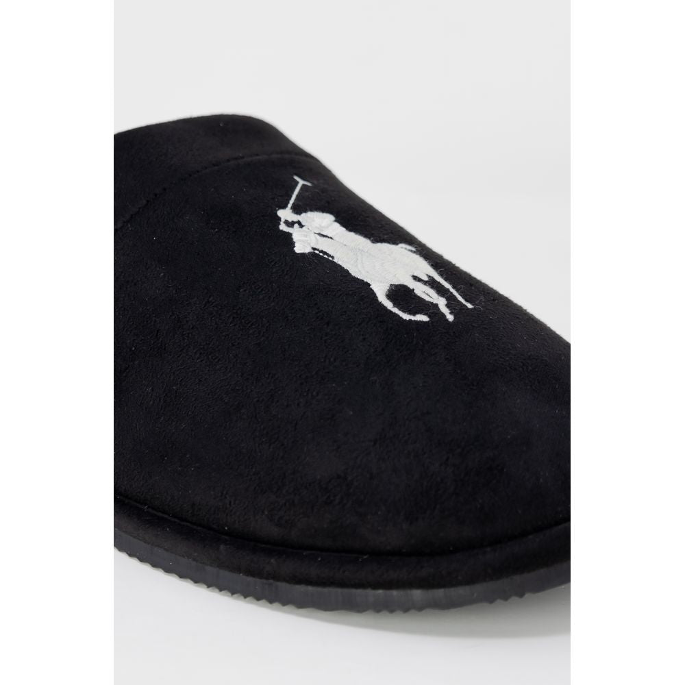 Pantoufles en polyester noir de Ralph Lauren, style décontracté, avec logo Ralph Lauren visible sur le dessus.