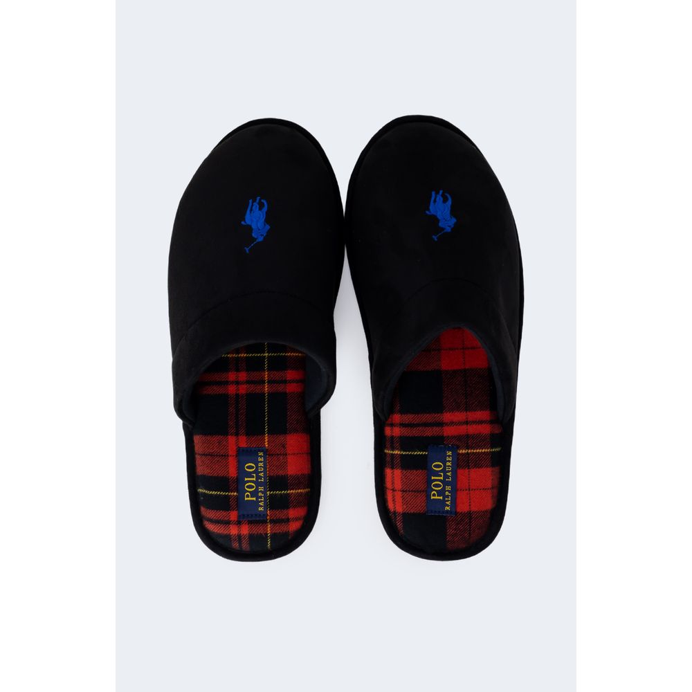 Pantoufles en polyester noires Ralph Lauren, confortables et élégantes, avec le logo Ralph Lauren visible sur le dessus.