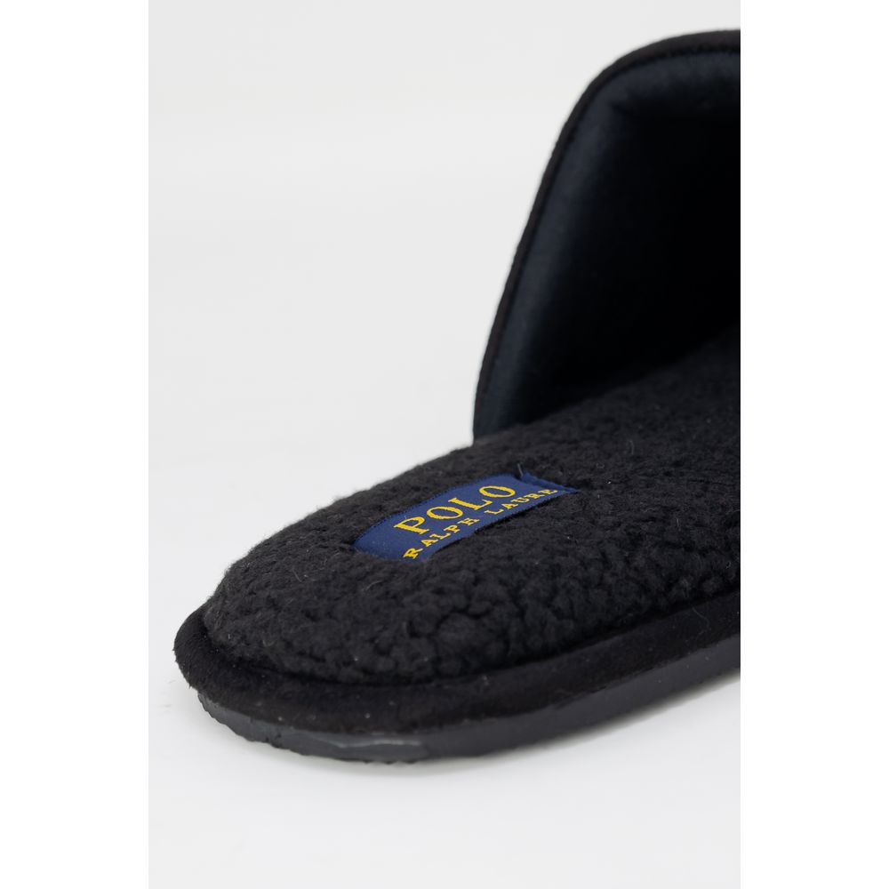 Pantoufles en polyester noir de Ralph Lauren, confortables et élégantes, avec logo Ralph Lauren visible sur la surface.