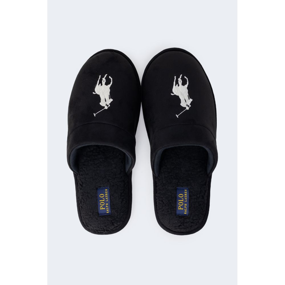 Pantoufles en polyester noires Ralph Lauren, confortables et élégantes, avec logo Ralph Lauren visible sur le dessus.