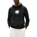 Sweat à capuche Tommy Hilfiger en coton recyclé noir avec logo blanc sur la poitrine, confort et style décontracté.