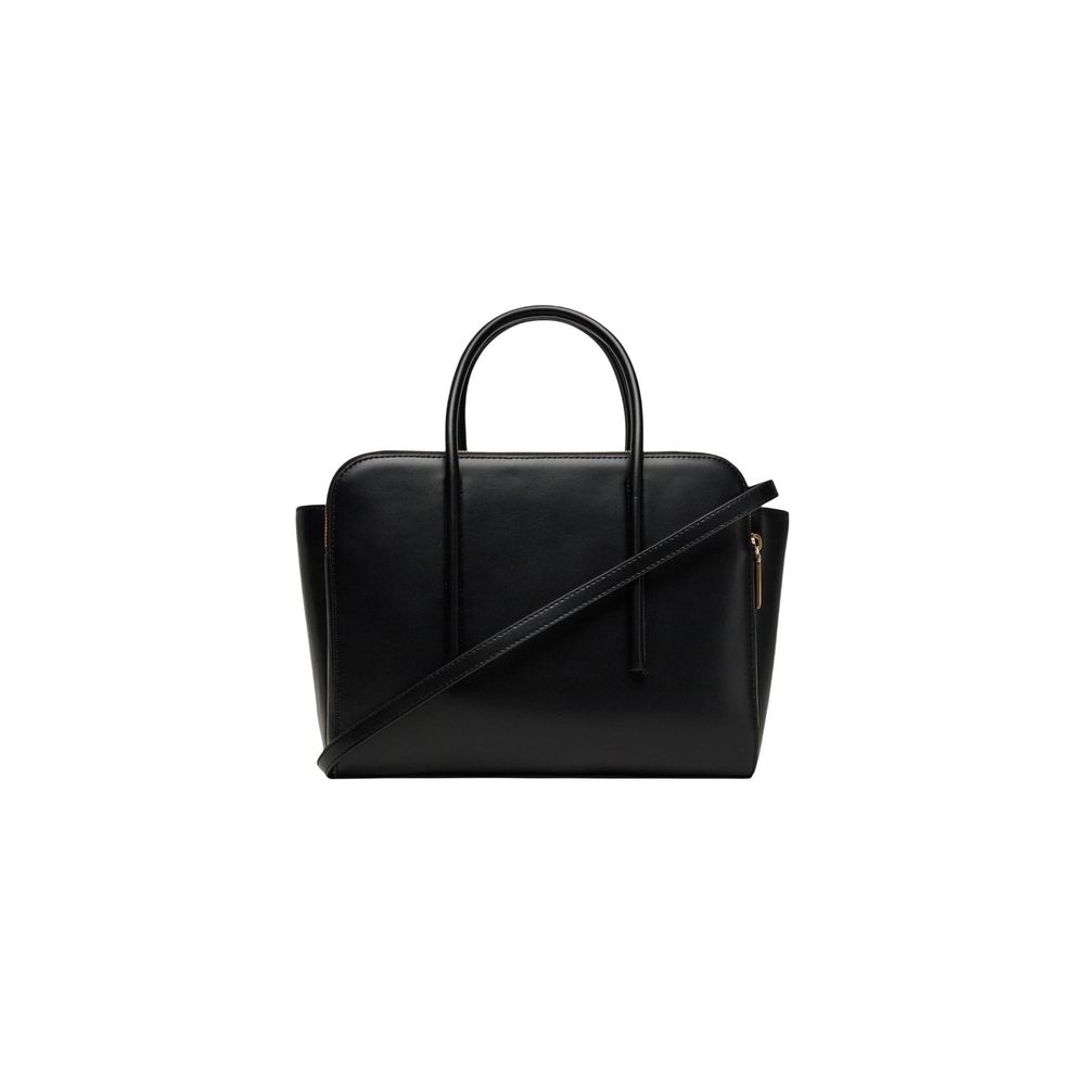 Sac à main en cuir noir de Calvin Klein avec poignées élégantes et fermeture métallique.