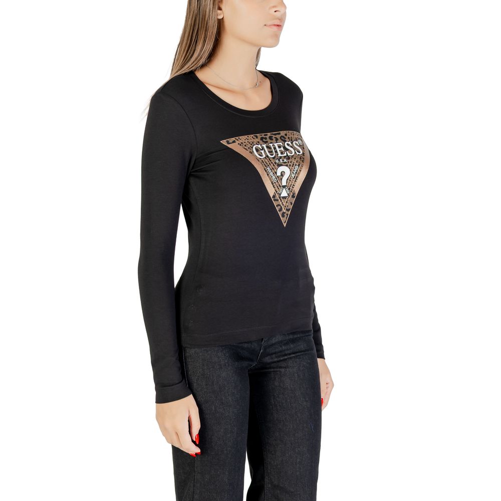 T-shirt à manches longues en coton noir de marque Guess, vue de face, coupe classique et design simple.