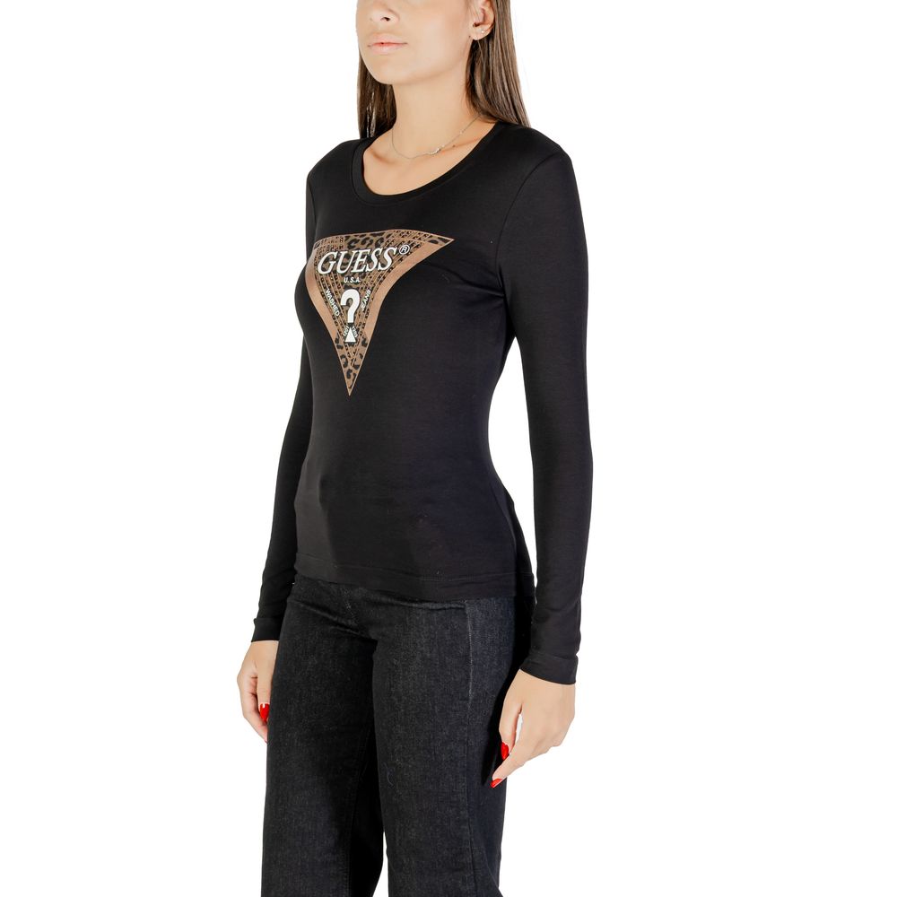 T-shirt noir en coton à manches longues de la marque Guess, coupe classique et design simple visible sur l'image.