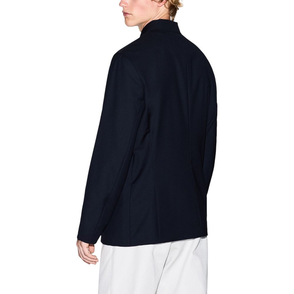 Veste blazer en polyester noir Armani Exchange, coupe élégante, détails modernes, portée pour un look chic et sophistiqué.