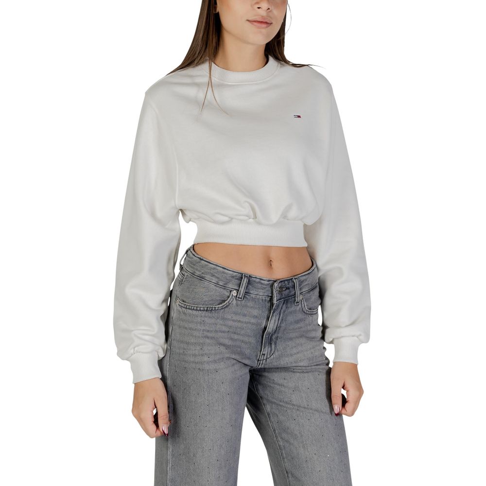 Pull-over Tommy Hilfiger Jeans en coton recyclé couleur crème, denim, avec logo visible sur la poitrine.