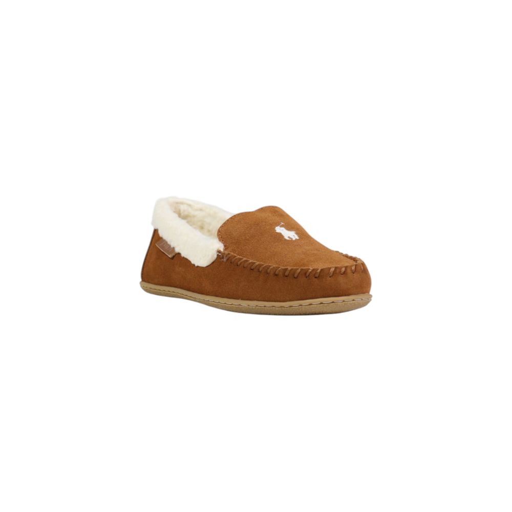 Pantoufles en cuir suédé marron Ralph Lauren, élégantes et confortables, avec logo Ralph Lauren visible sur le dessus.