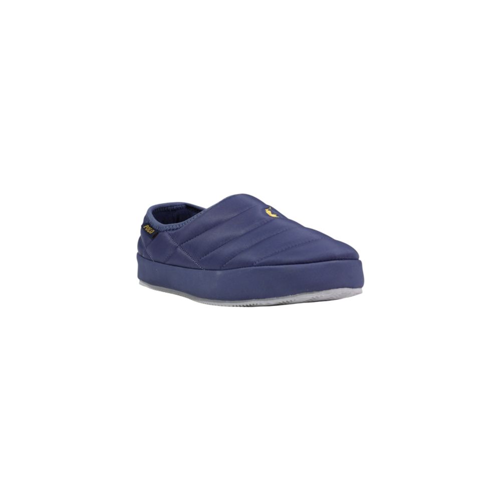 Chaussons en textile bleu de Ralph Lauren, confortables et élégants, avec logo Ralph Lauren visible sur le côté.