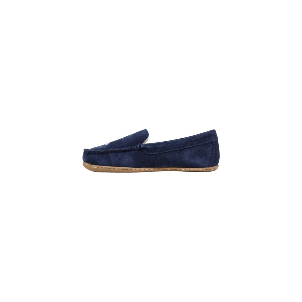 Chaussons en cuir de suède bleu Ralph Lauren pour homme, confortables et élégants, avec semelle en caoutchouc visible.