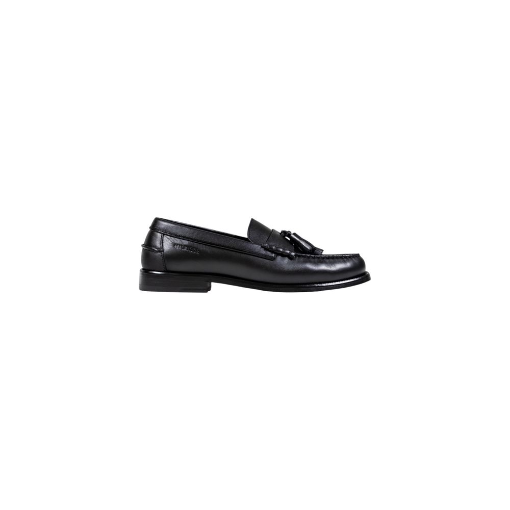 Chaussures mocassins en cuir noir Tommy Hilfiger, slip-on élégants pour homme, vue de dessus.