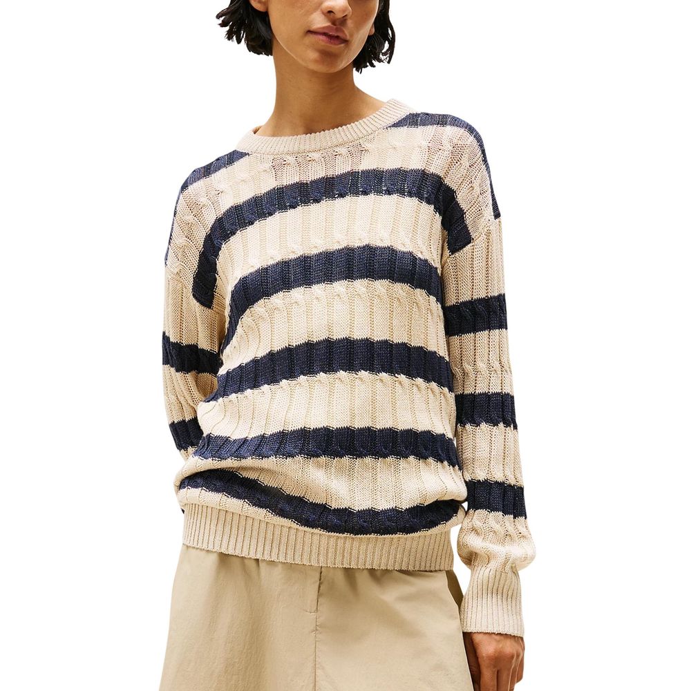 Sweatshirt en lin beige Tommy Hilfiger, matière légère, col rond, manches longues, style décontracté et confortable.