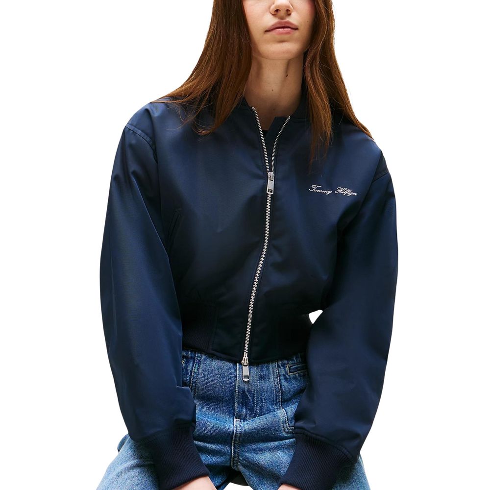 Veste bomber en polyester recyclé bleu de Tommy Hilfiger, vue de face avec col côtelé et fermeture éclair.