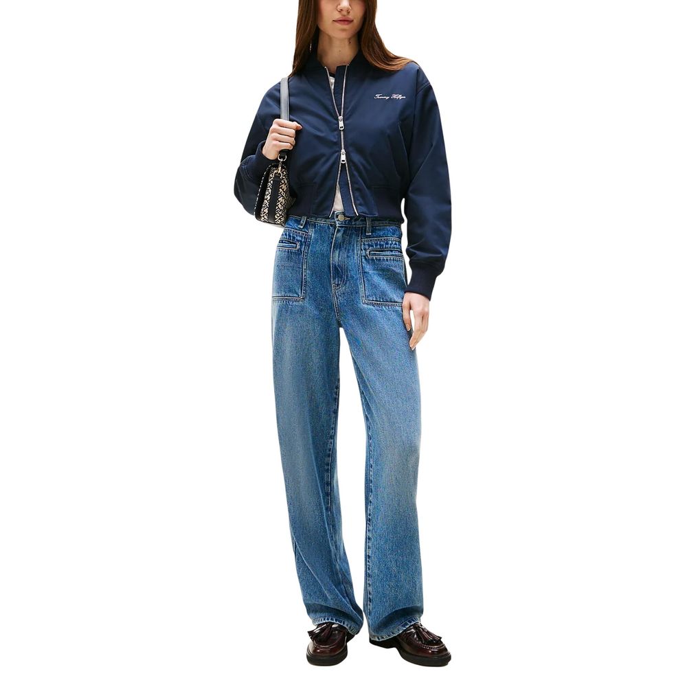 Veste bomber Tommy Hilfiger en polyester recyclé bleu, avec col montant et poignets côtelés, vue de face.