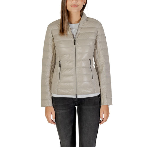 Manteau beige en polyamide de la marque Armani Exchange, coupe élégante avec fermeture éclair et col montant.