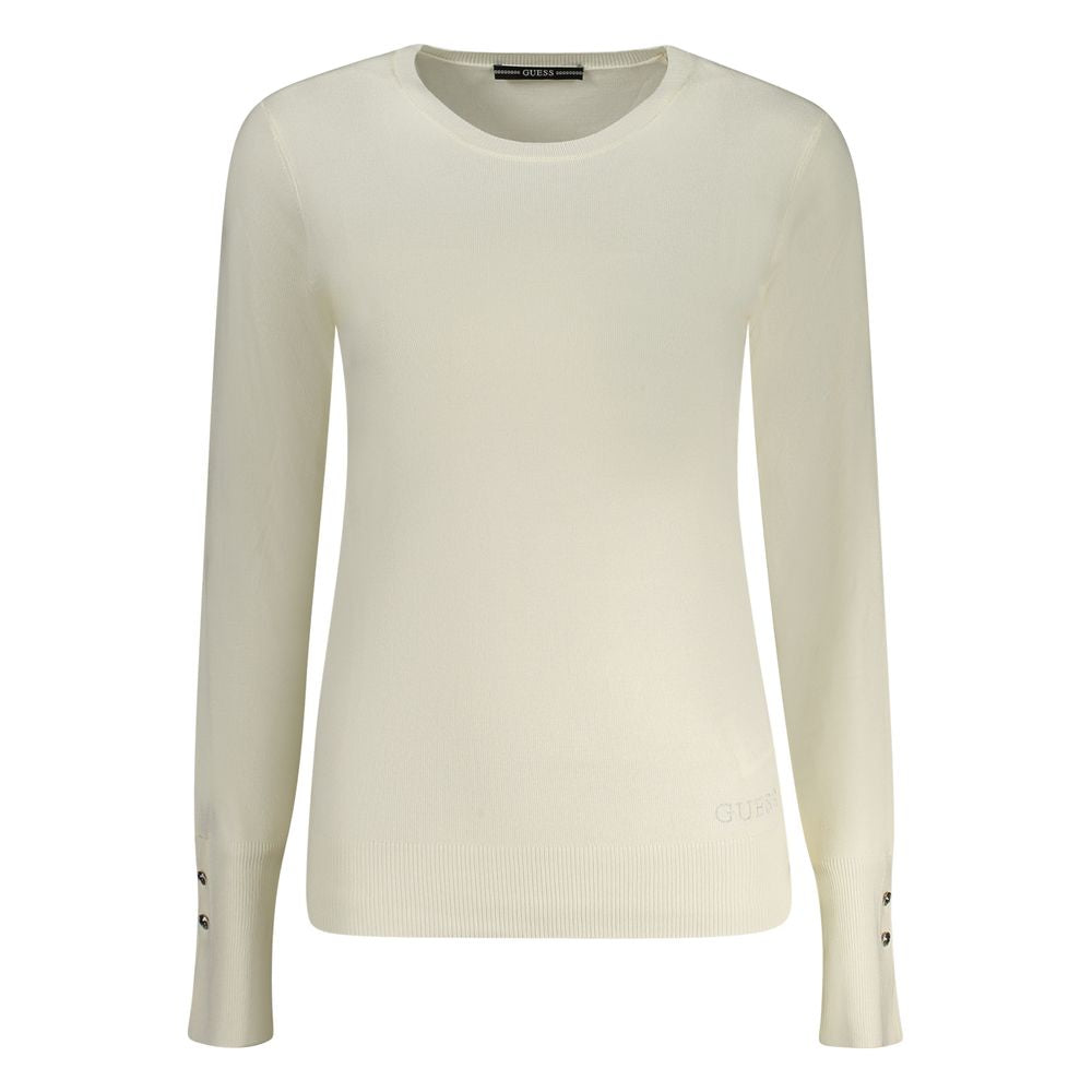 Pull femme Guess Jeans en viscose blanc, style décontracté avec col rond et manches longues, idéal pour un look confortable et chic.