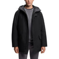 Veste longue en polyester noir de Hugo Boss, coupe élégante, avec fermeture éclair et col montant, vue de face.