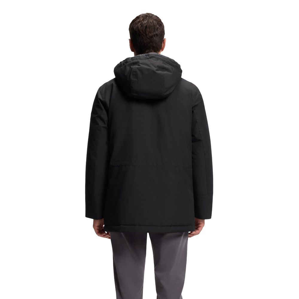 Veste longue noire en polyester de la marque Hugo Boss, vue de face, avec capuche et fermeture éclair élégante.
