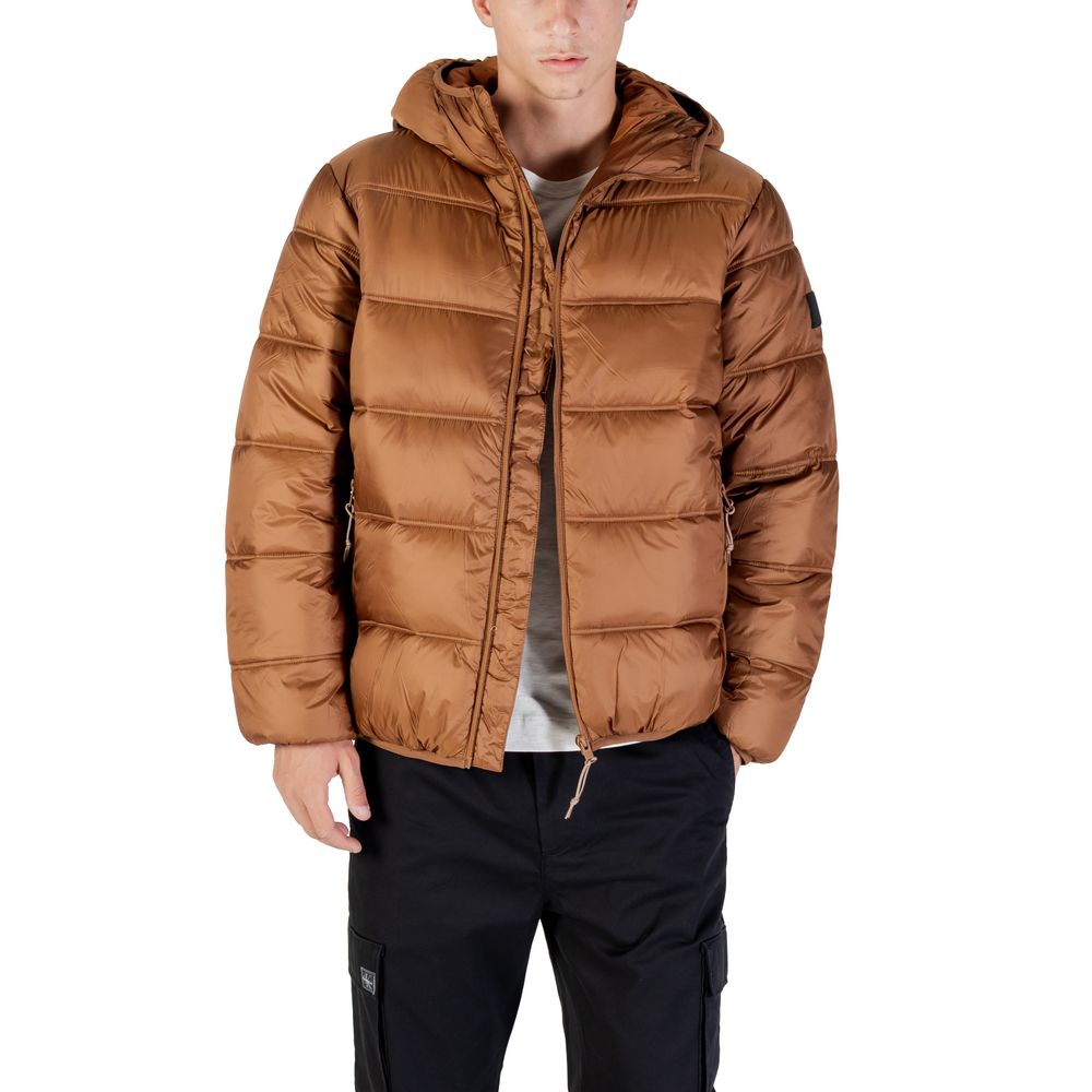 Parka marron en polyamide de la marque Tommy Hilfiger Jeans, vue de face avec capuche et fermeture éclair.