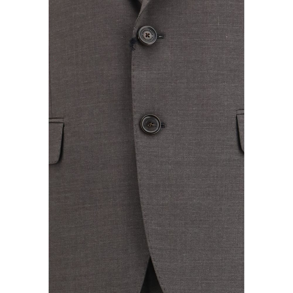 Costume deux pièces en laine grise Dsquared², veste et pantalon élégants, détails sophistiqués, parfaitement taillés.