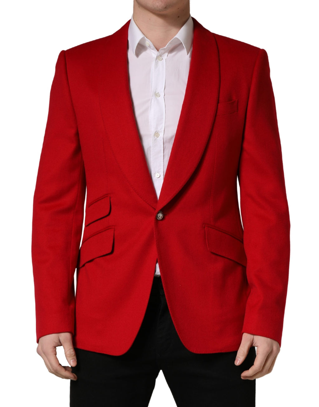 Blazer rouge en cachemire Dolce & Gabbana à un bouton, coupe classique, détails élégants, porté sur un mannequin.
