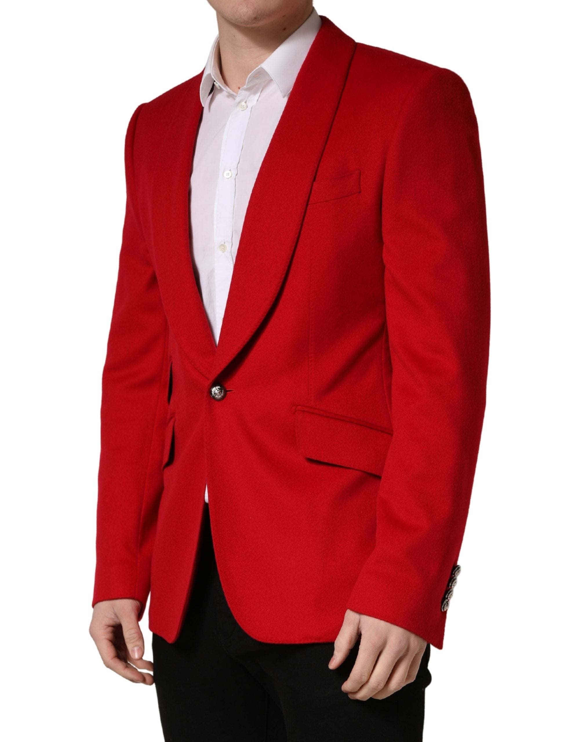 Veste blazer rouge en cachemire Dolce & Gabbana, coupe simple et élégante, détail à boutons sur le devant.