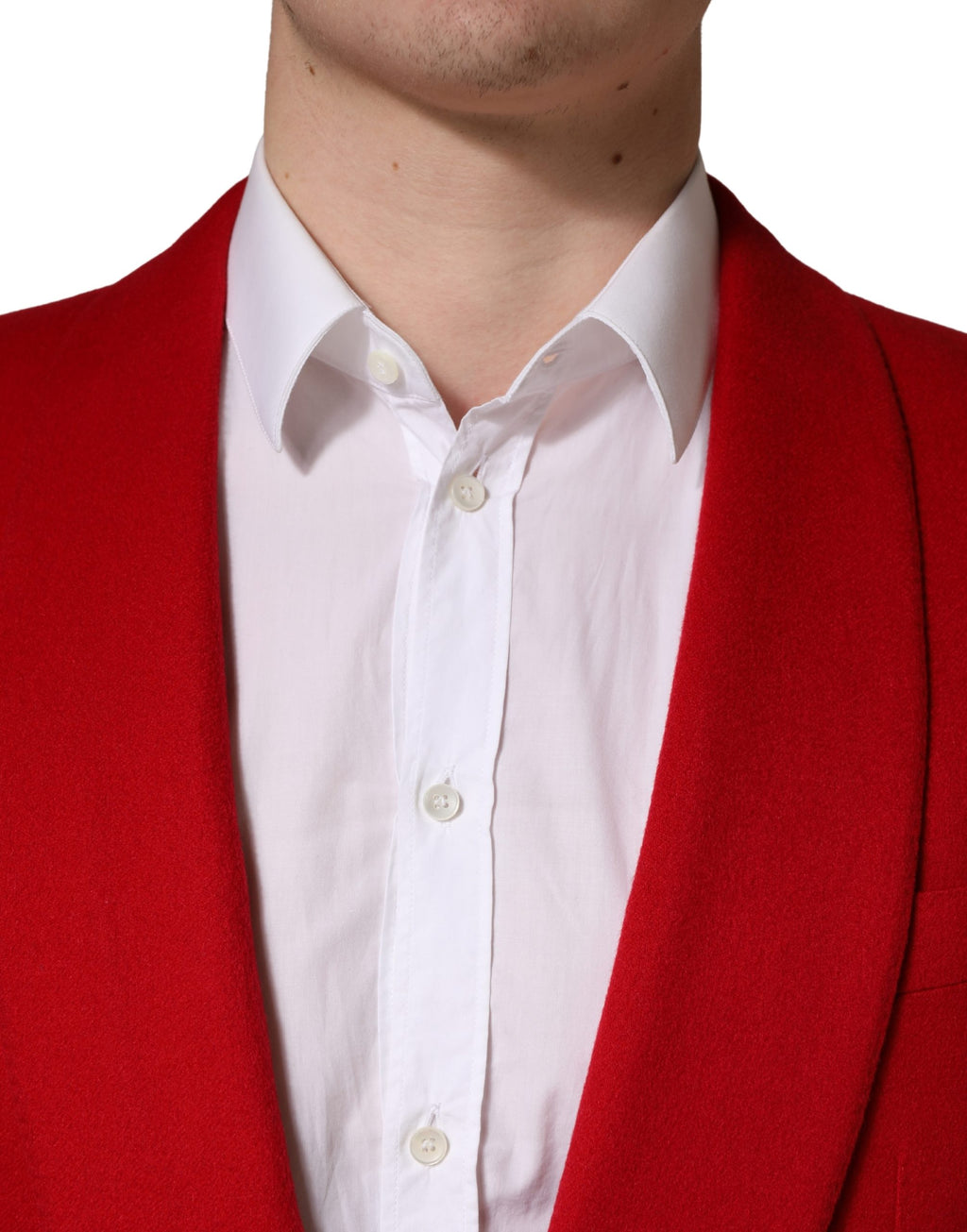 Veste blazer rouge en cachemire Dolce & Gabbana à un seul bouton, coupe élégante et tissu doux visible sur l'image.