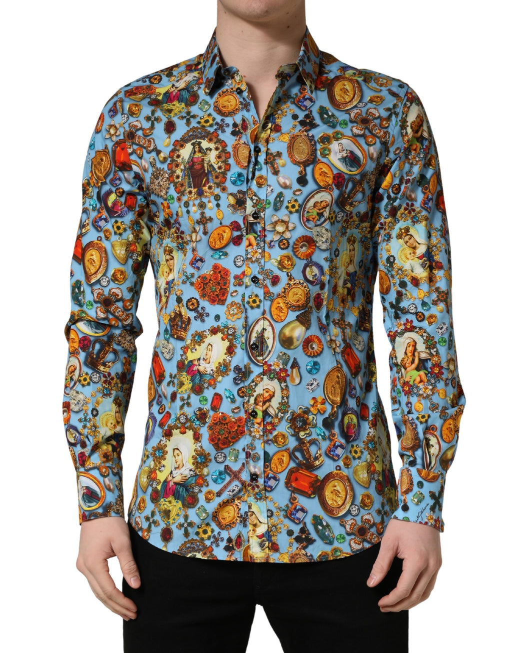 Chemise Dolce & Gabbana en coton bleu à imprimé bijoux et boutons, style élégant et sophistiqué.