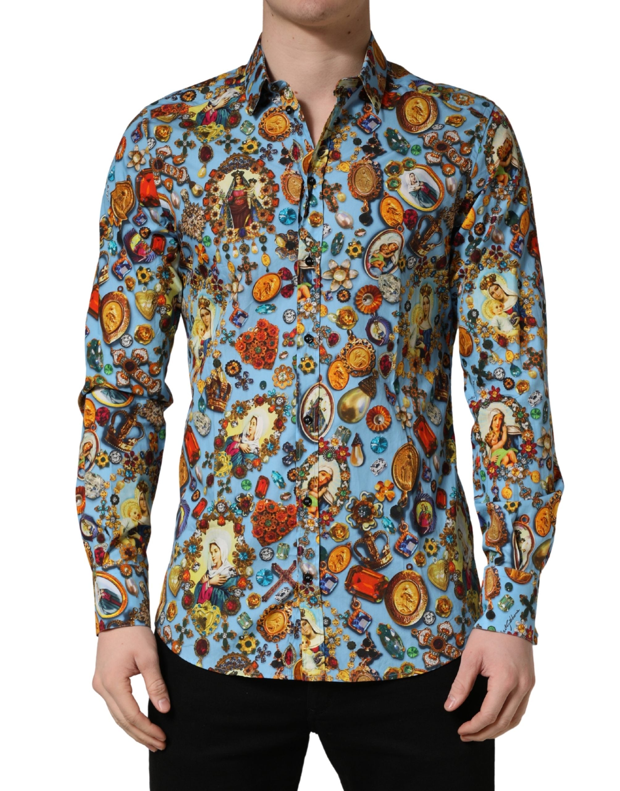 Chemise Dolce & Gabbana en coton bleu à imprimé bijoux et boutons, style élégant et sophistiqué.