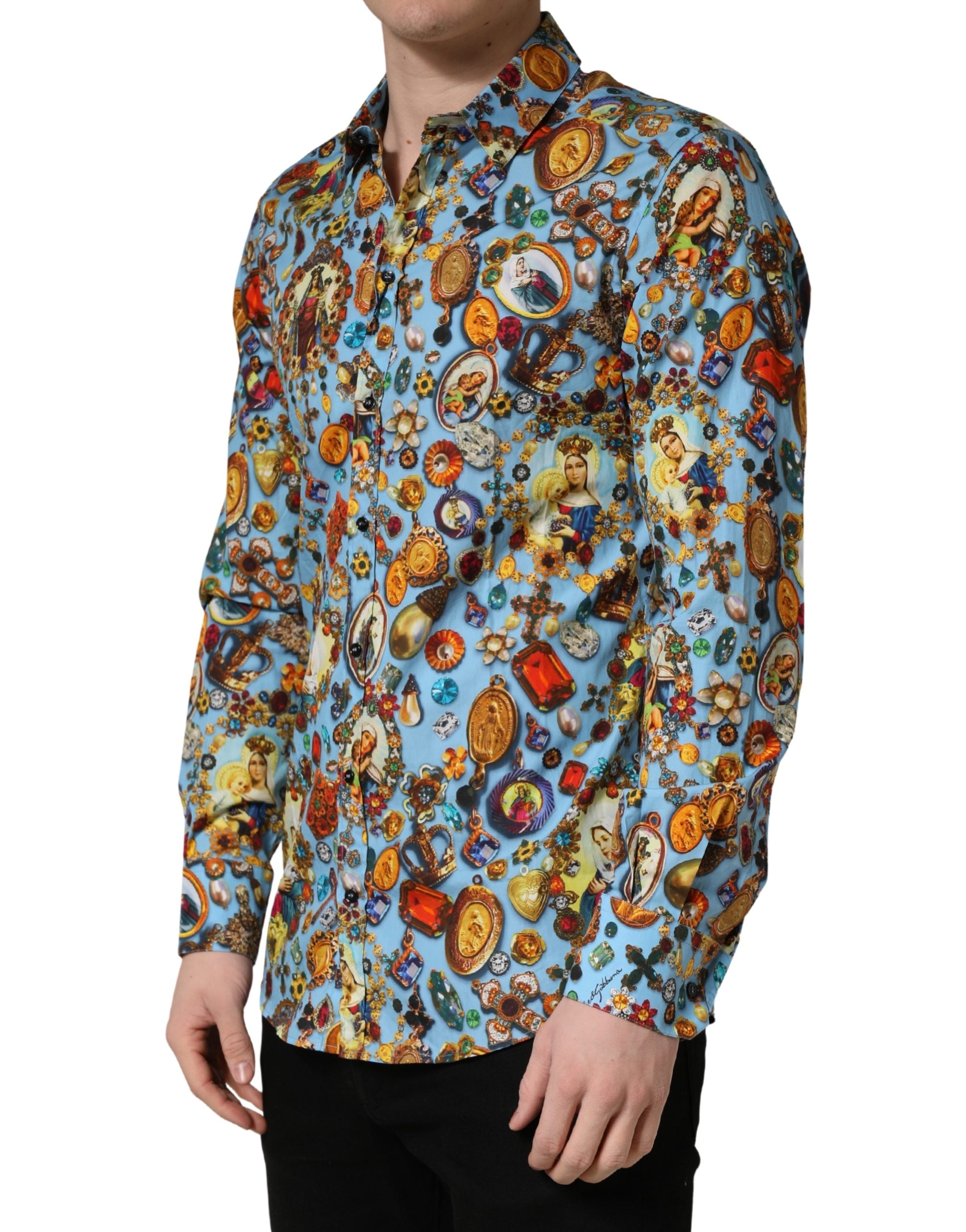 Chemise à boutons Dolce & Gabbana en coton bleu à imprimé bijoux et détails dorés.