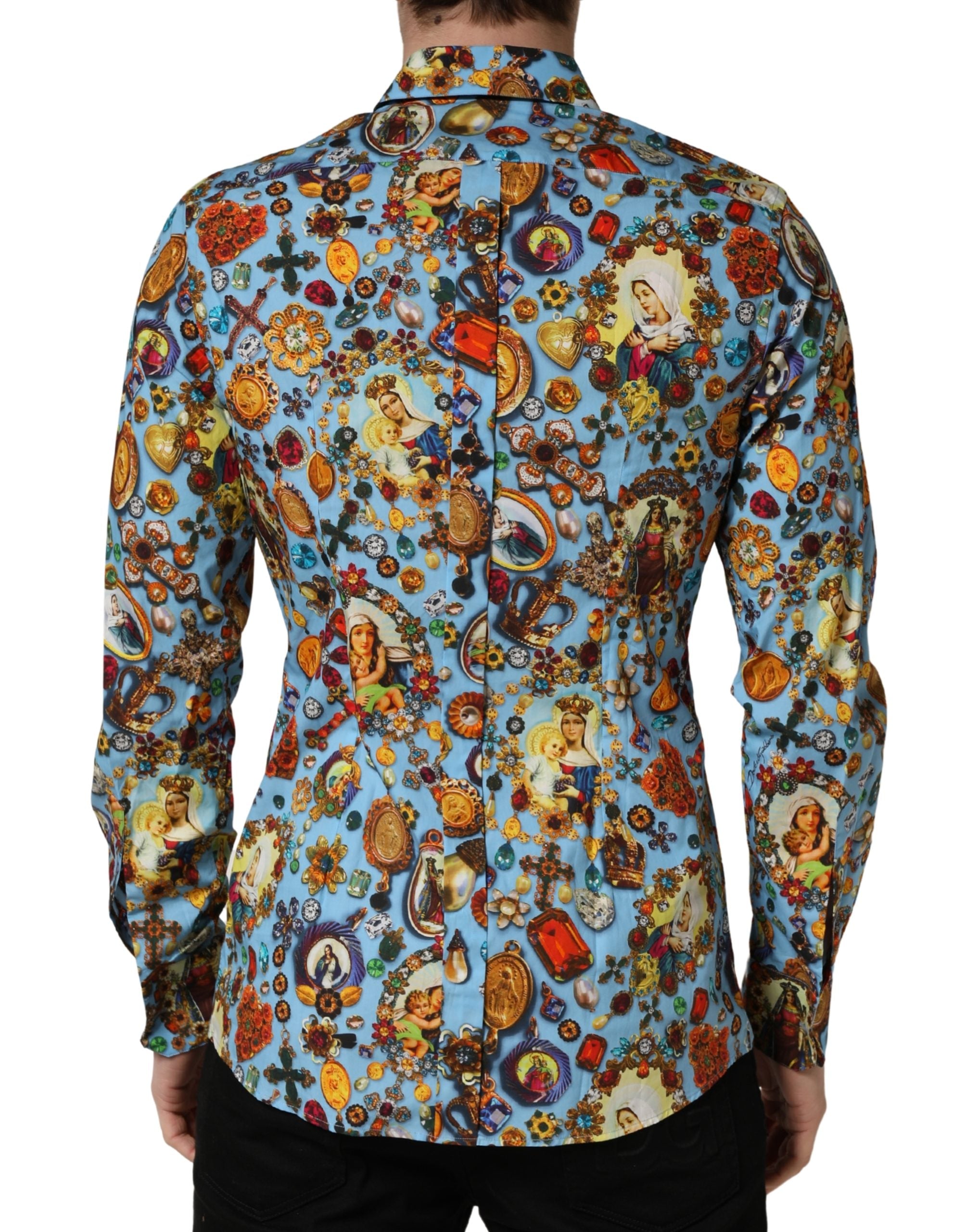 Chemise Dolce & Gabbana en coton bleu avec motif bijou, boutons devant, style élégant et sophistiqué.