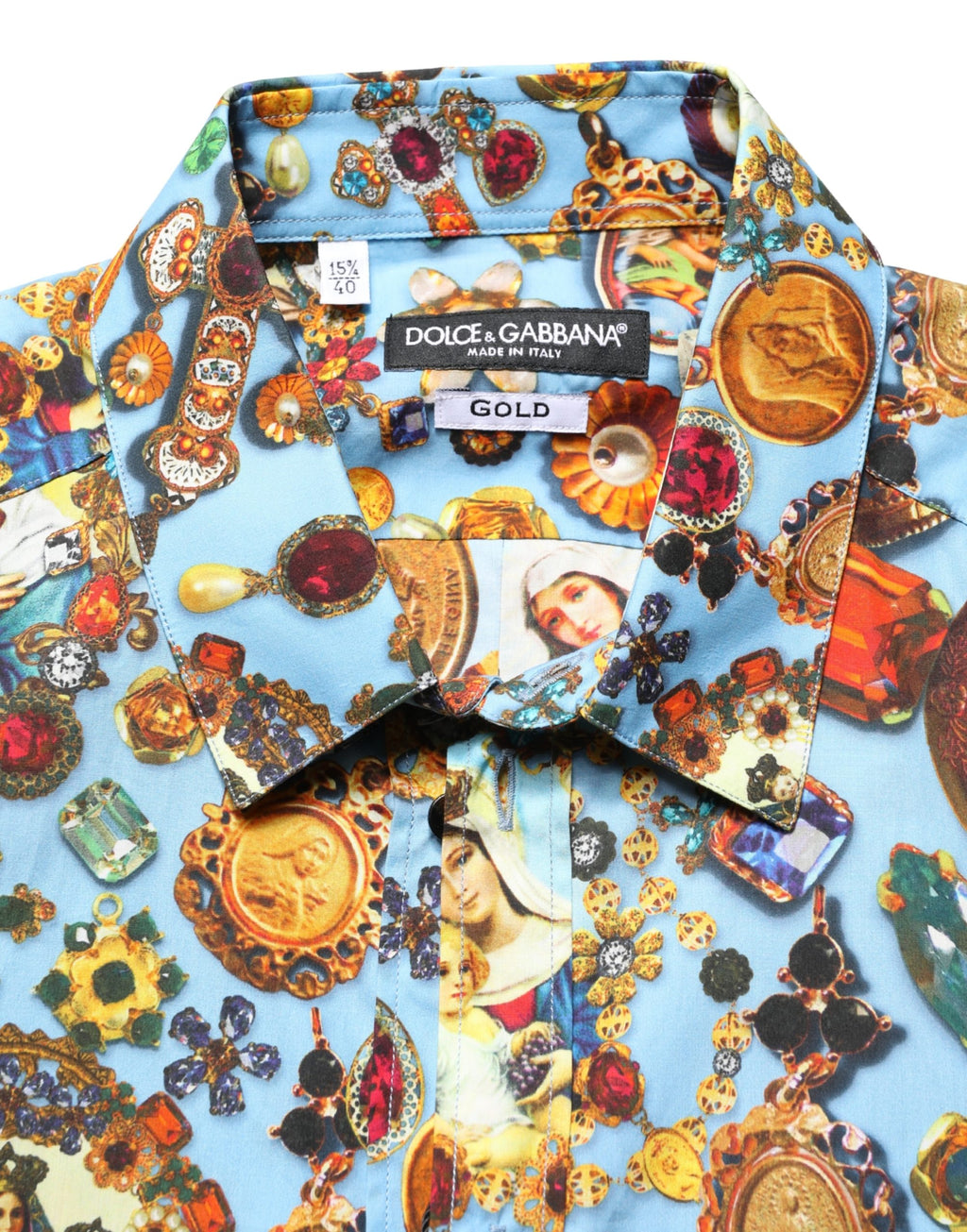 Chemise Dolce & Gabbana en coton bleu avec motif bijoux et boutons, style élégant et sophistiqué.