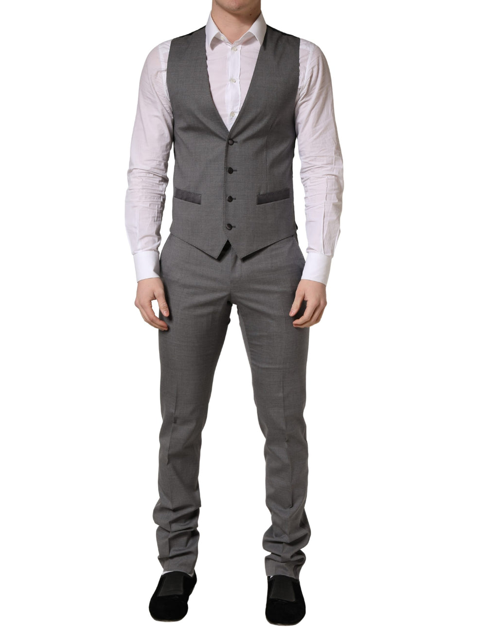 Costume trois pièces Dolce & Gabbana en laine grise, blazer à un bouton et pantalon assorti, style élégant et sophistiqué.
