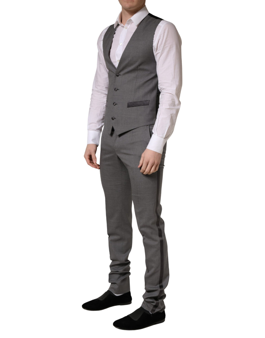 Costume gris en laine Dolce & Gabbana à un bouton, costume trois pièces avec veste à simple boutonnage, vue de l'avant.