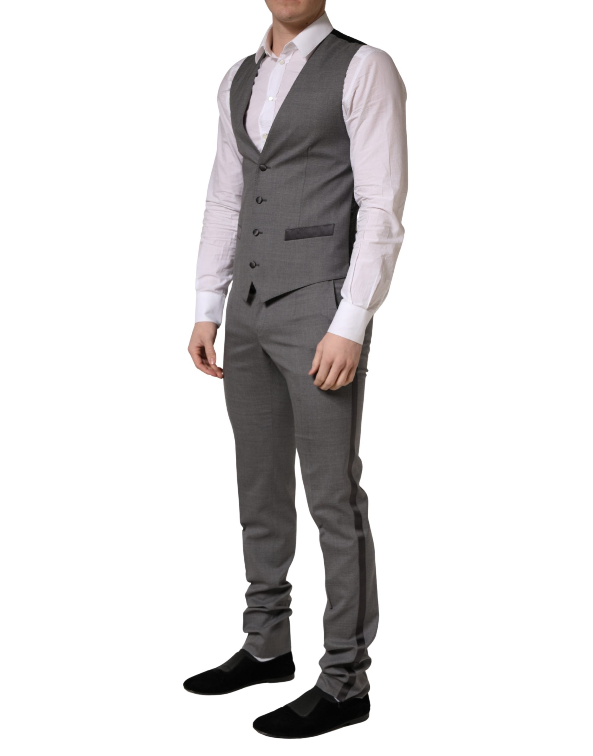 Costume gris en laine Dolce & Gabbana à un bouton, costume trois pièces avec veste à simple boutonnage, vue de l'avant.