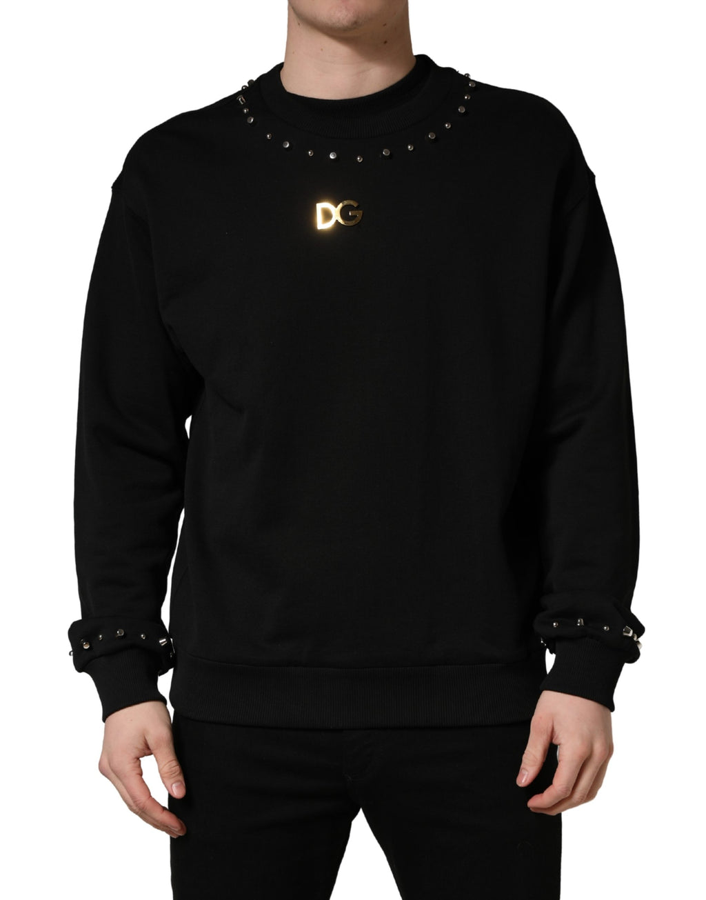 Sweatshirt en coton noir Dolce & Gabbana avec embellissements, style décontracté et détails élégants.