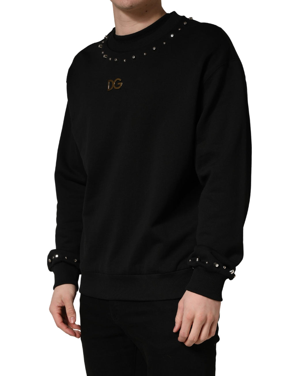 Sweat-shirt en coton noir Dolce & Gabbana avec embellissements, style décontracté et détails élégants.
