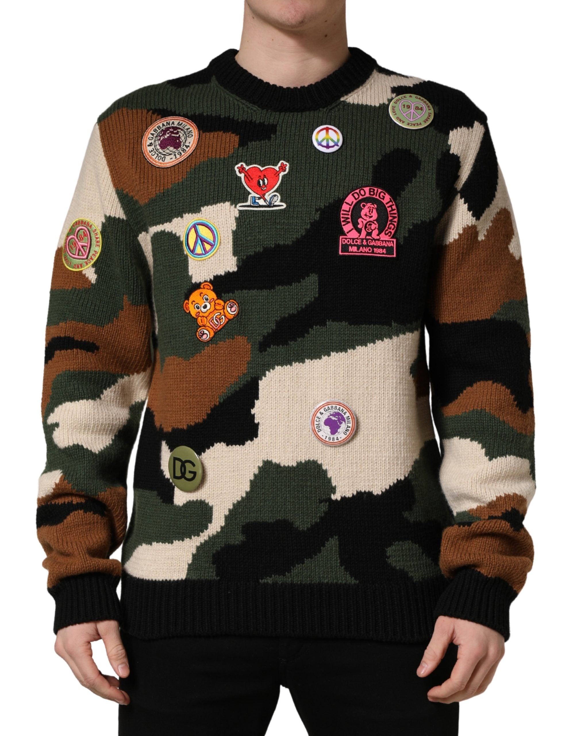 Pull en laine Dolce & Gabbana à motif camouflage multicolore, tricot intarsia, pull-over élégant et coloré.