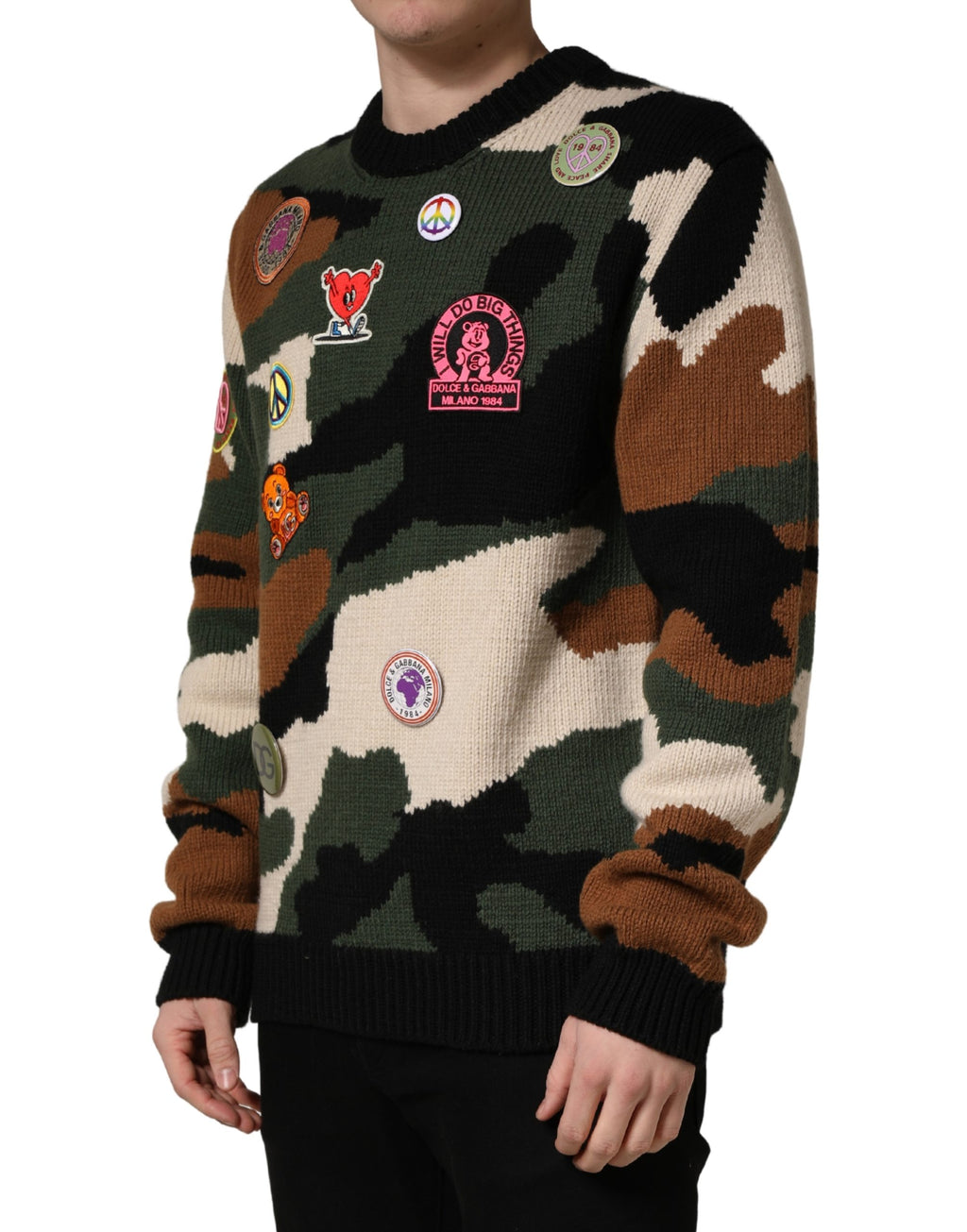 Pull-over Dolce & Gabbana à motif camouflage multicolore en maille intarsia, sweat-shirt élégant pour homme.