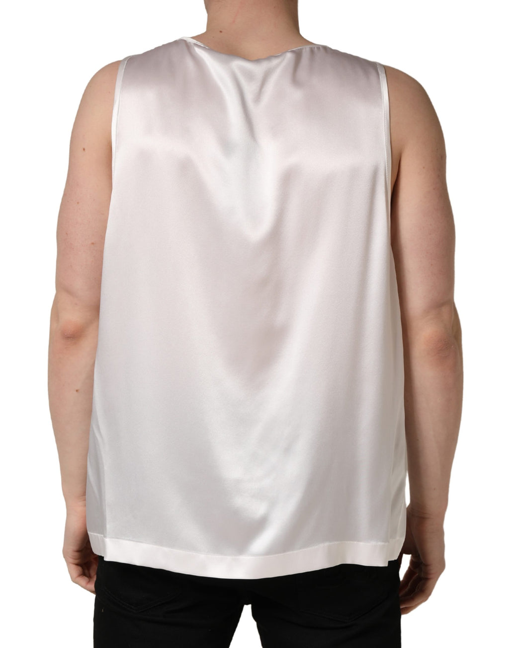 T-shirt sans manches en satin de polyester blanc de Dolce & Gabbana, style élégant et moderne, vue de face.