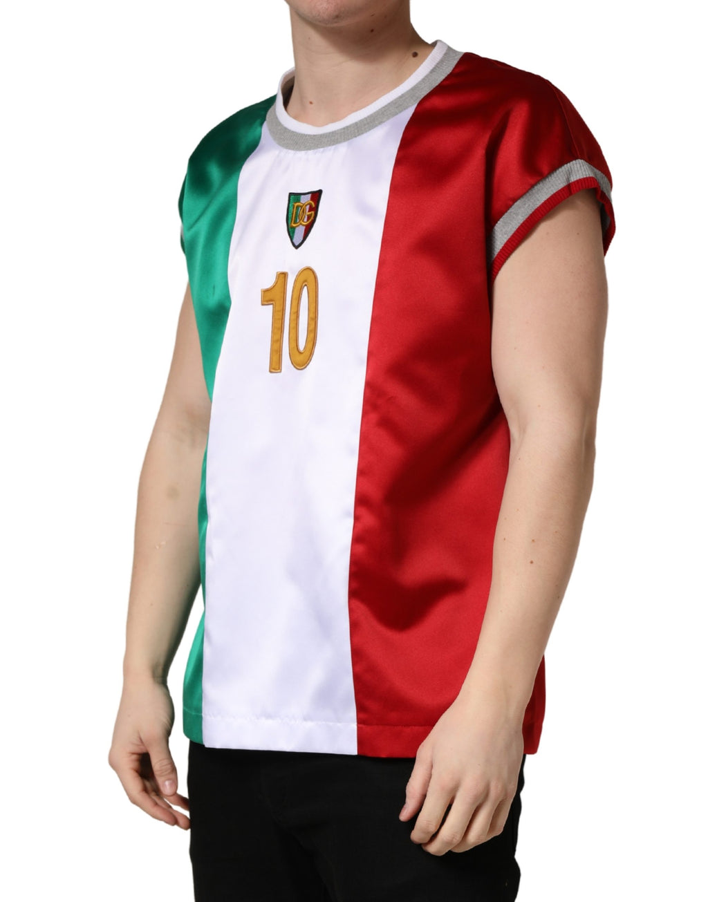 T-shirt en satin multicolore Dolce & Gabbana avec logo Italia DG, coupe ajustée et design élégant.
