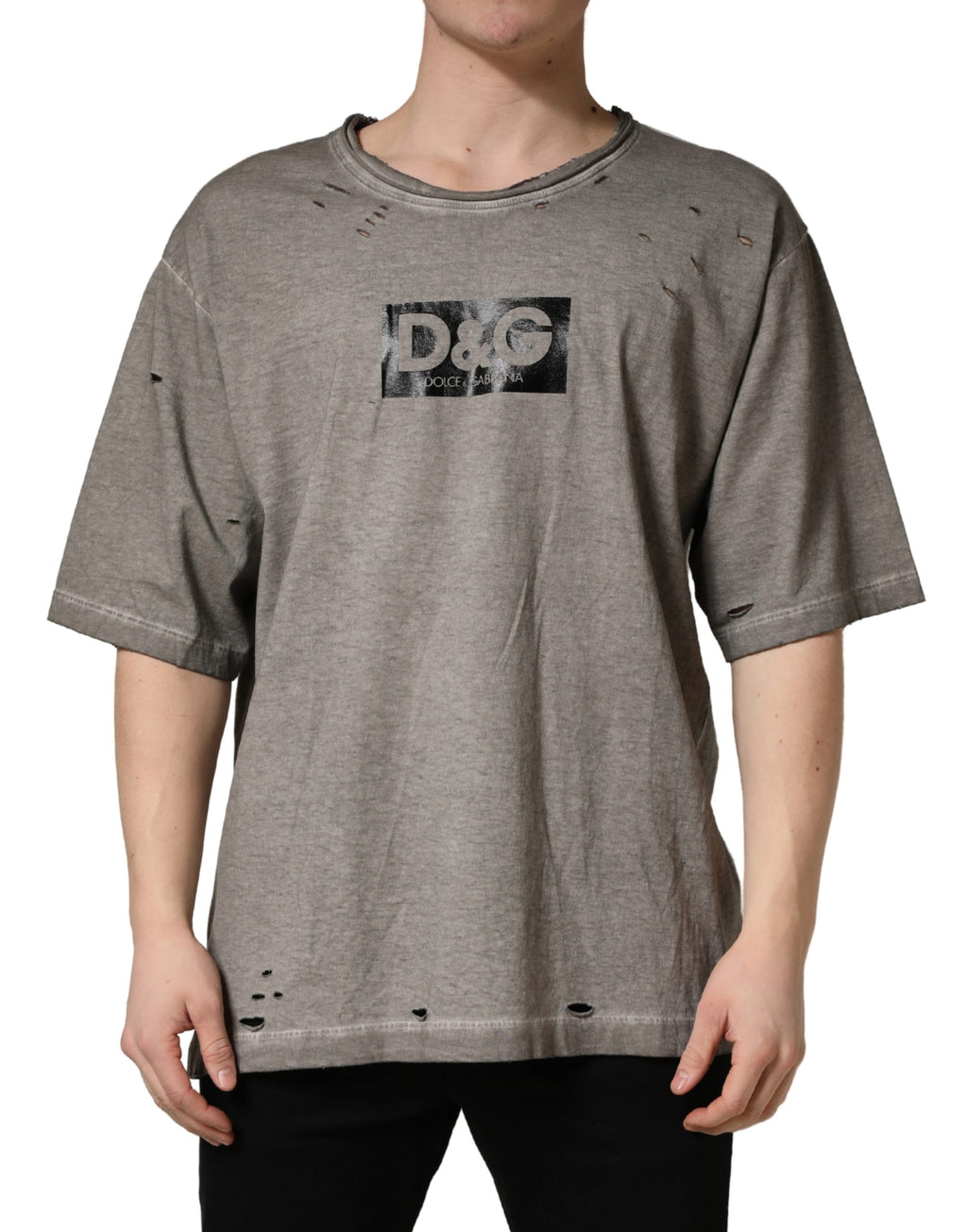 T-shirt en coton gris avec logo Dolce & Gabbana imprimé, col rond, porté à plat, vue de face.