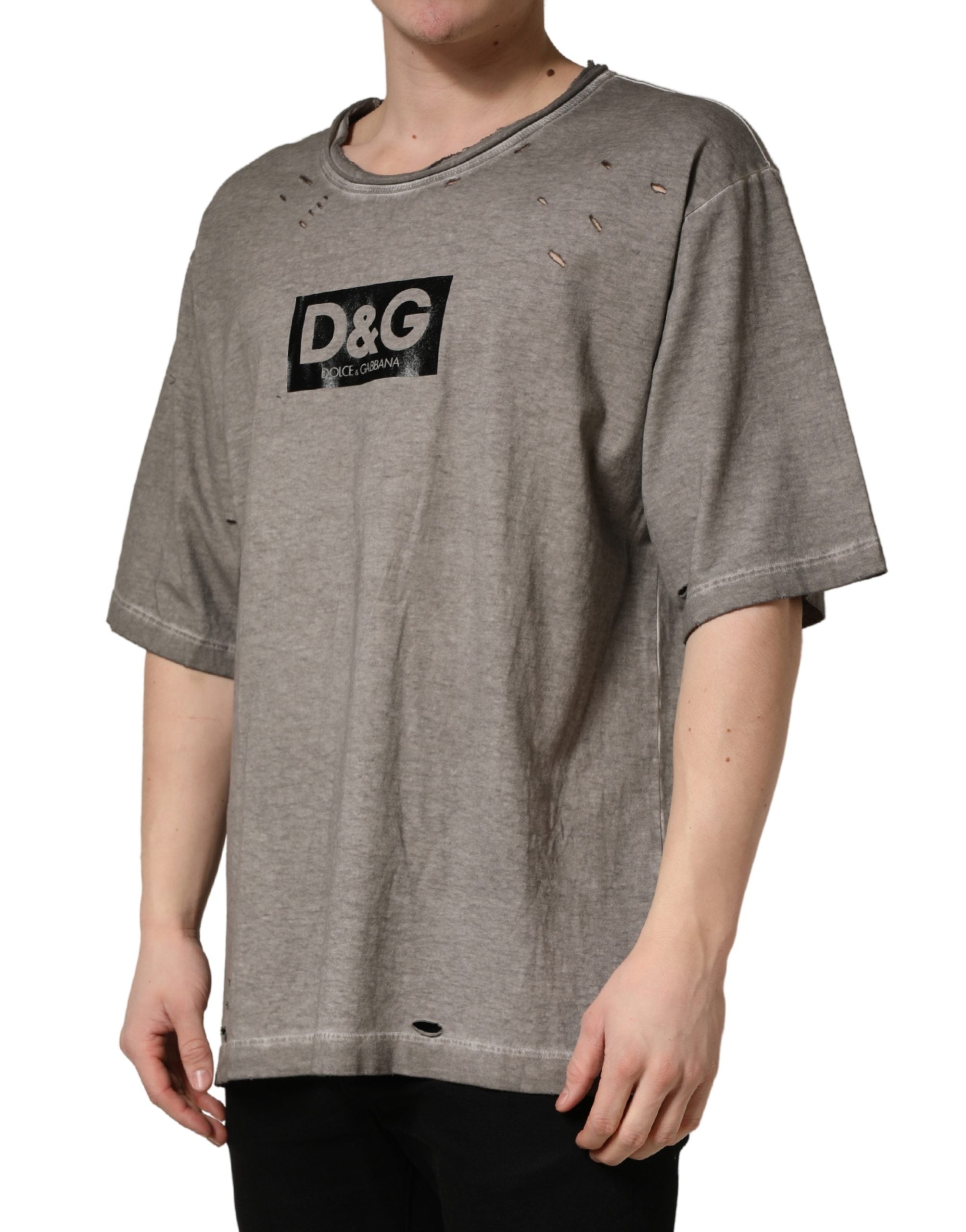 T-shirt en coton gris avec logo DG imprimé de Dolce & Gabbana, col rond et style décontracté.