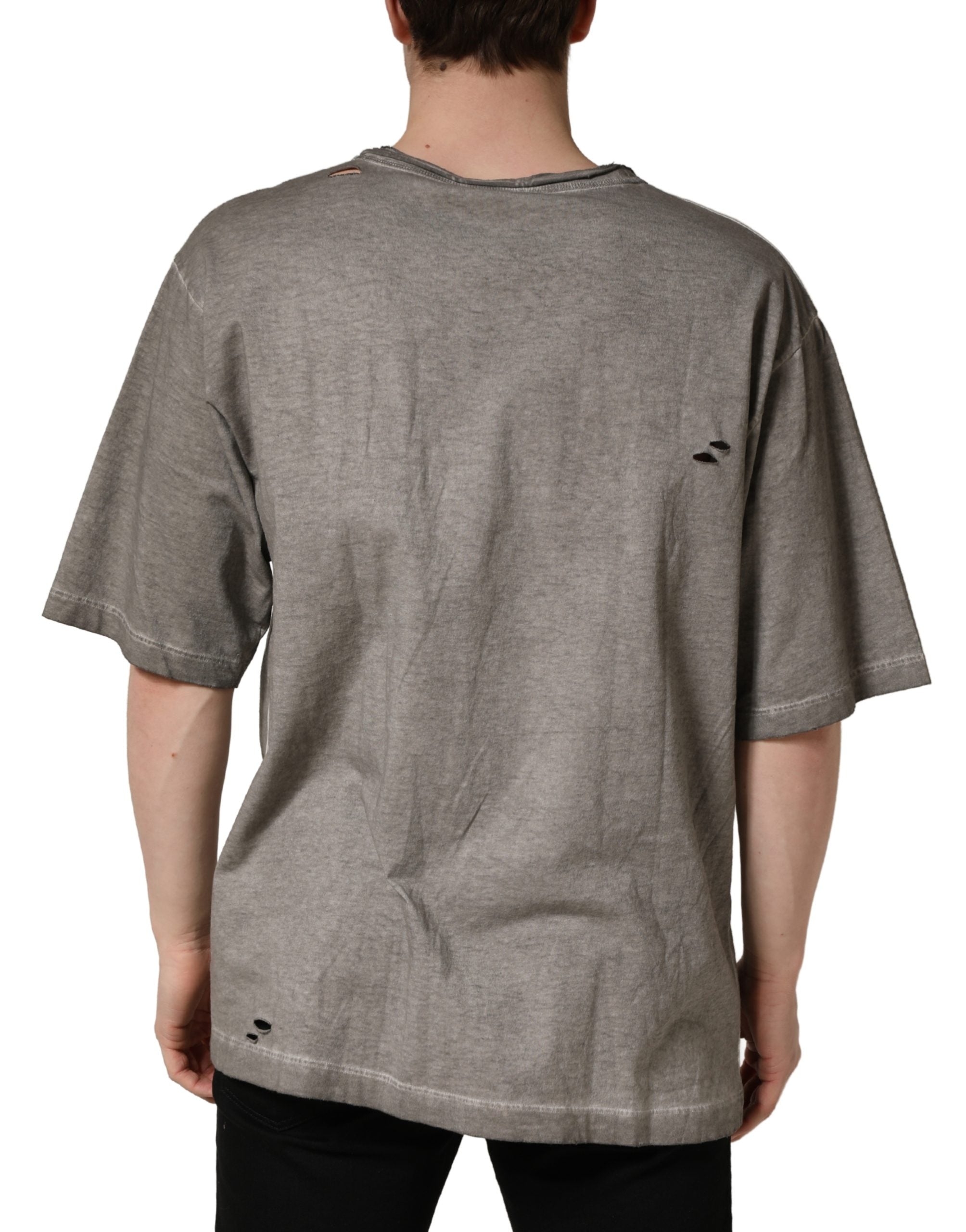 T-shirt en coton gris avec logo DG imprimé, col rond, de la marque Dolce & Gabbana, vue de face.