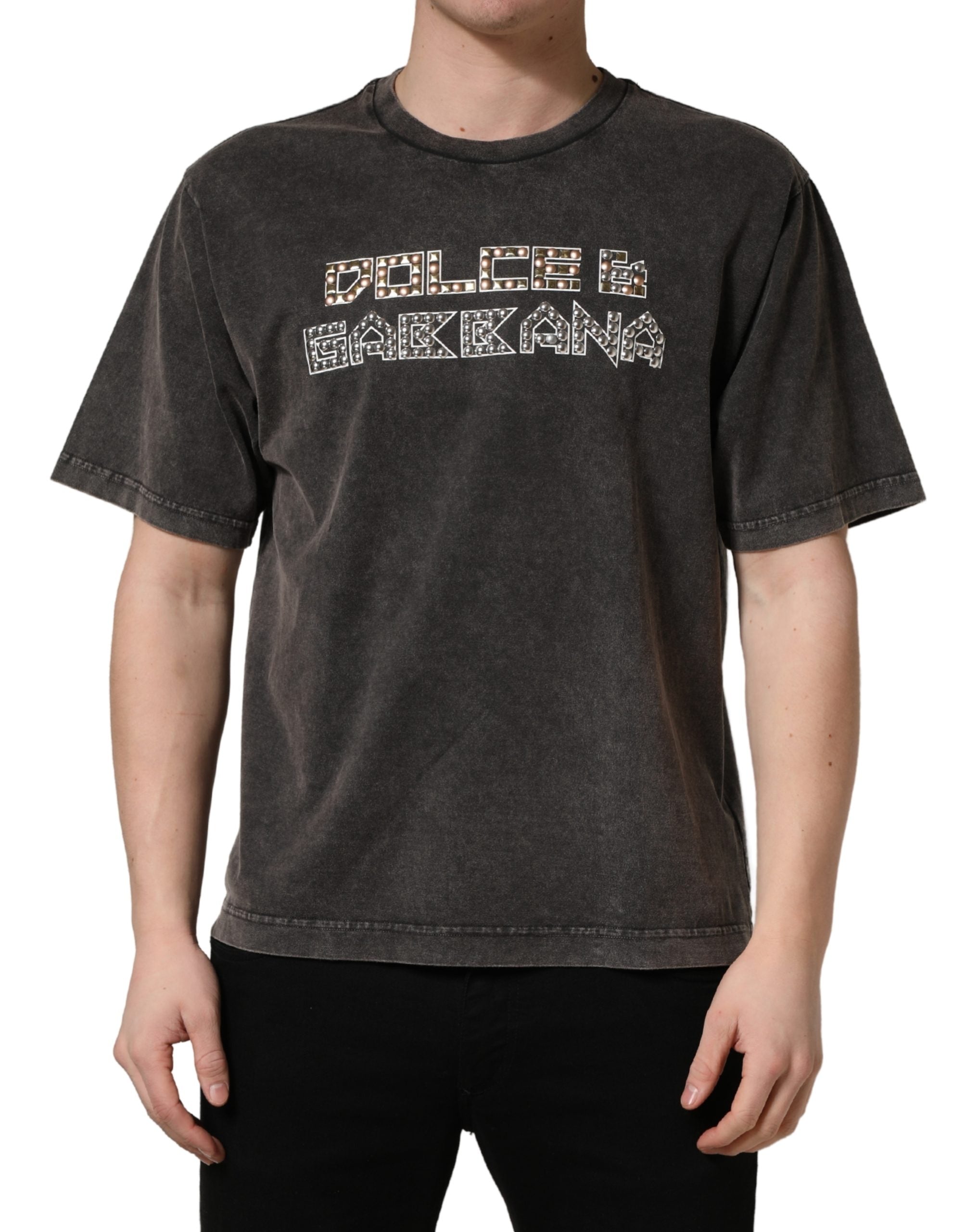 T-shirt homme gris Dolce & Gabbana avec logo orné, col rond, en coton, vue de face.