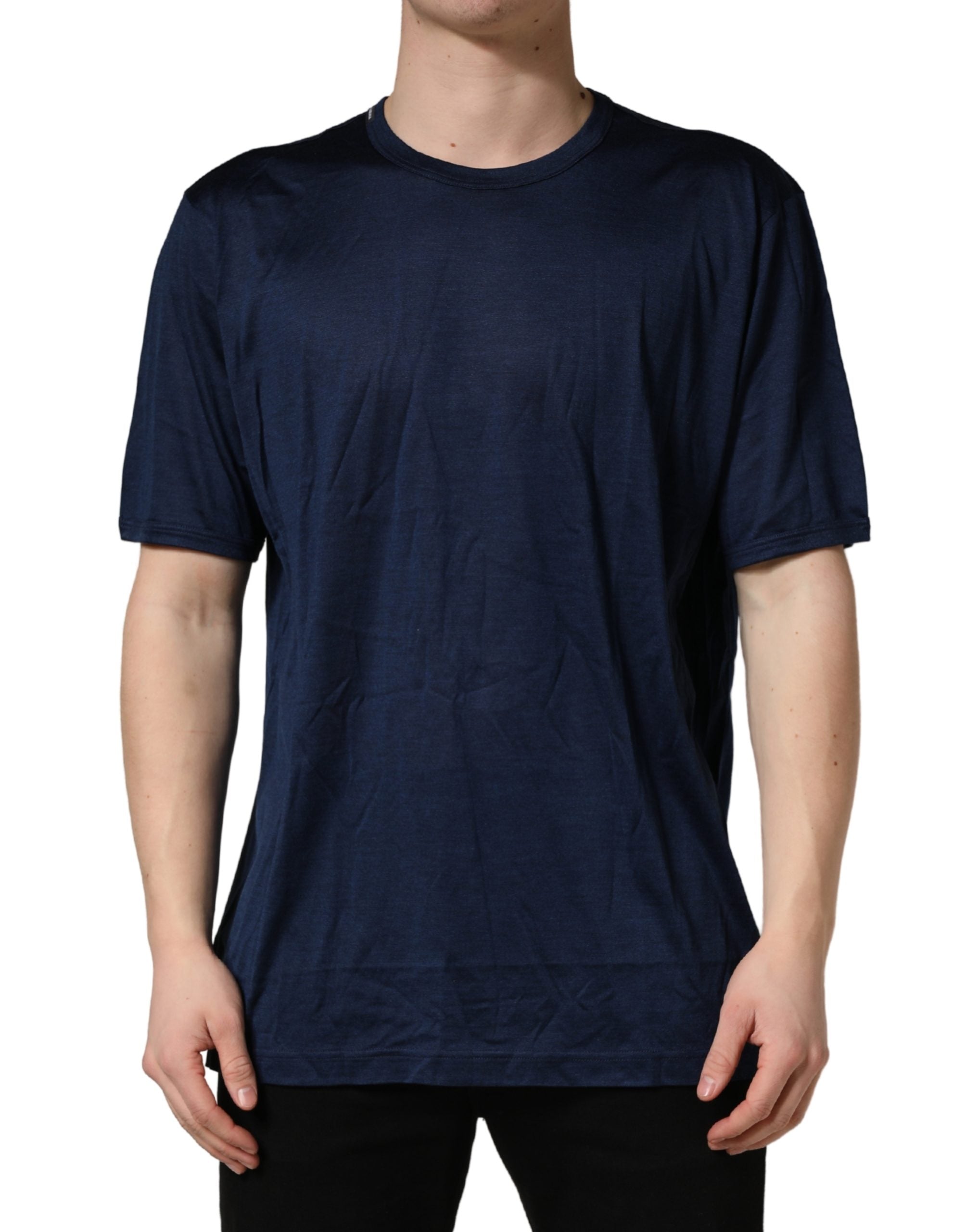 T-shirt en soie bleu foncé à manches courtes et col rond Dolce & Gabbana, vue de face.