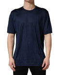 T-shirt Dolce & Gabbana en soie bleu foncé à manches courtes et col rond, vue de face.