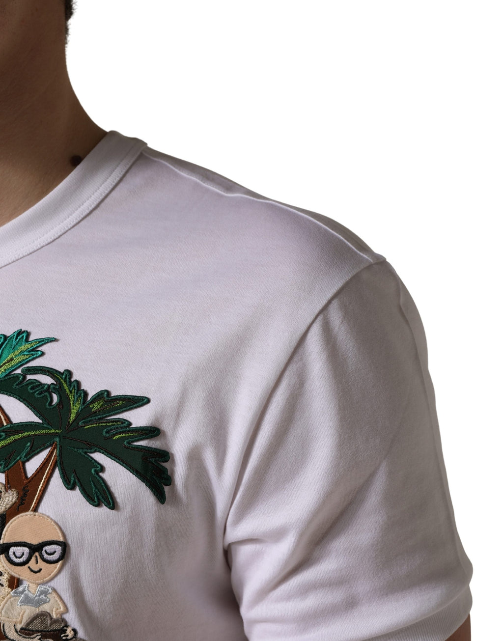 T-shirt blanc pour homme Dolce & Gabbana avec broderie de palmiers et col ras du cou, en coton élégant.