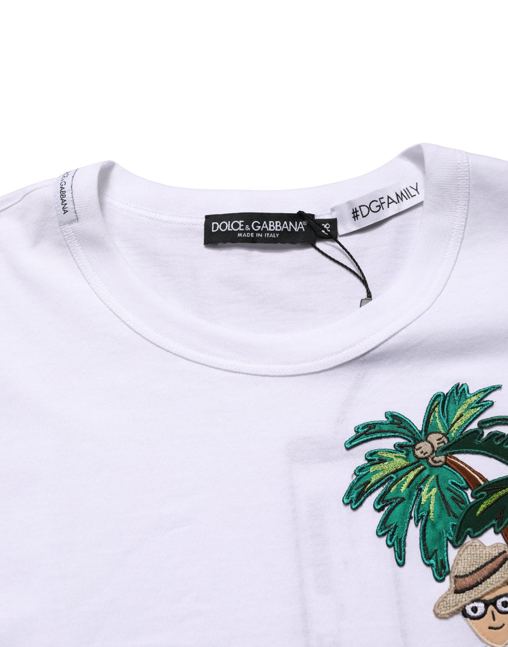 T-shirt homme blanc Dolce & Gabbana avec broderie palmier et col rond, style élégant et décontracté.